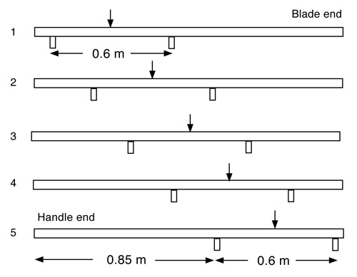 The five sections of the stick used to measure the flex.