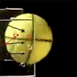Peak impact of tennis ball on strings viewed through plexiglass window.